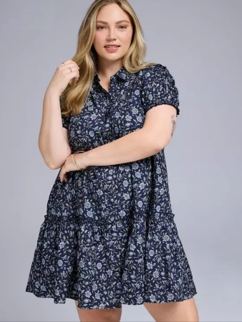 BELLE ISLE Trapeze Shirt Mini Dress Blue Callie Floral Peacoat 3X